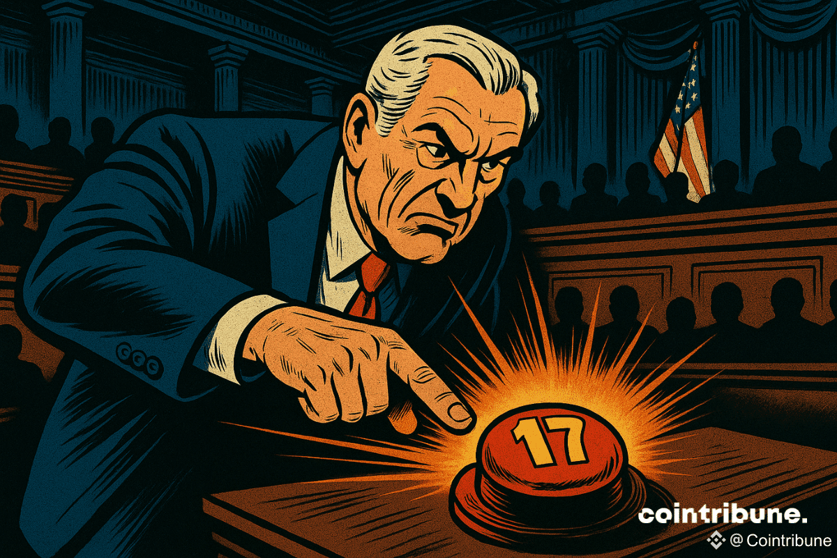 Un sénateur américain au visage tendu s’apprête à appuyer sur un bouton rouge marqué "17", symbole d’un vote crucial sur une loi liée aux cryptos.