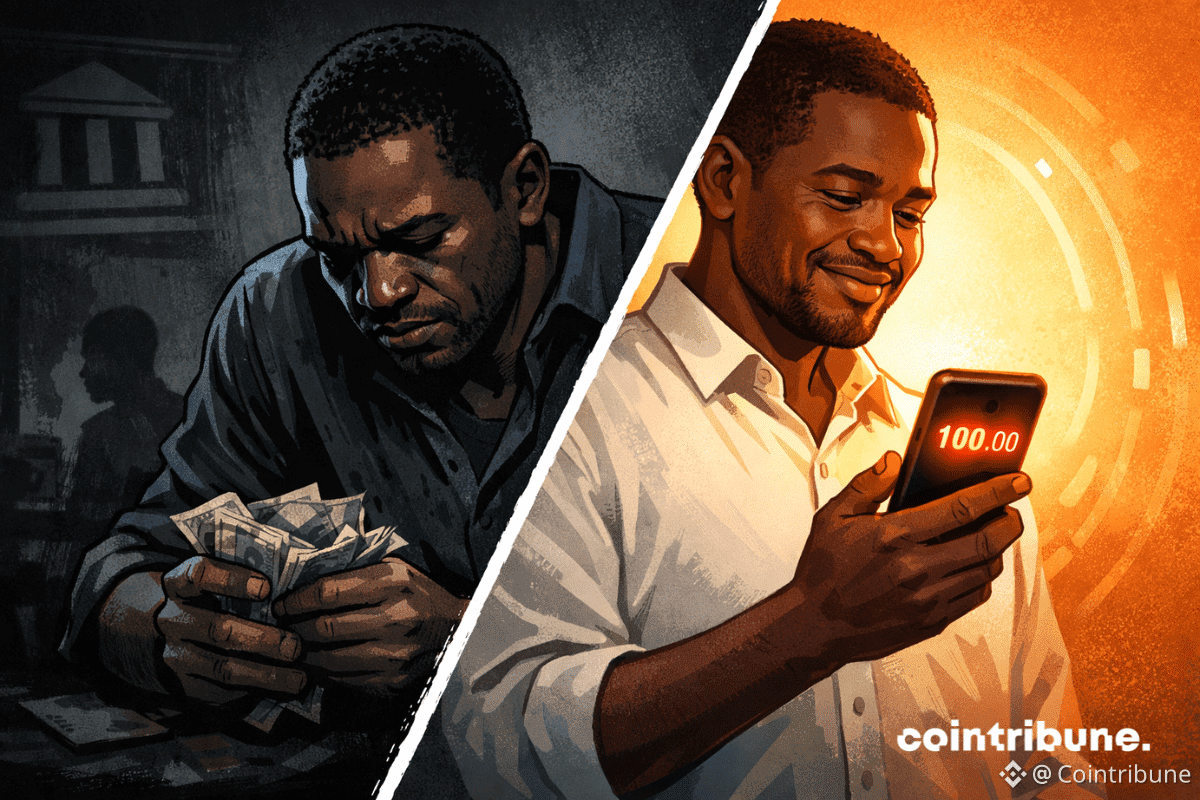 Une image en style bande dessinée divisée montre un homme africain stressé tenant de l'argent dans un décor sombre d’un côté, et calme en train de consulter un smartphone lumineux sur un fond orange vif de l’autre.