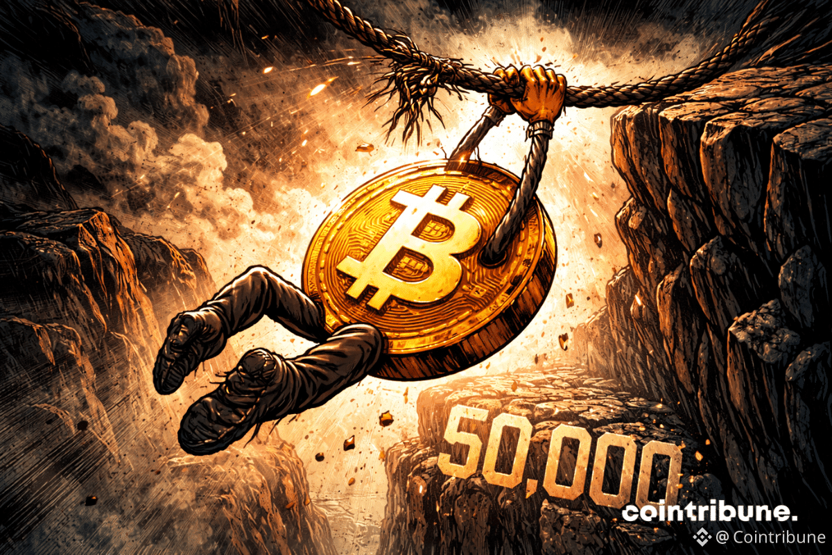 Le Bitcoin est accroché à une corde au-dessus d’un précipice marqué « 50 000 $ ».