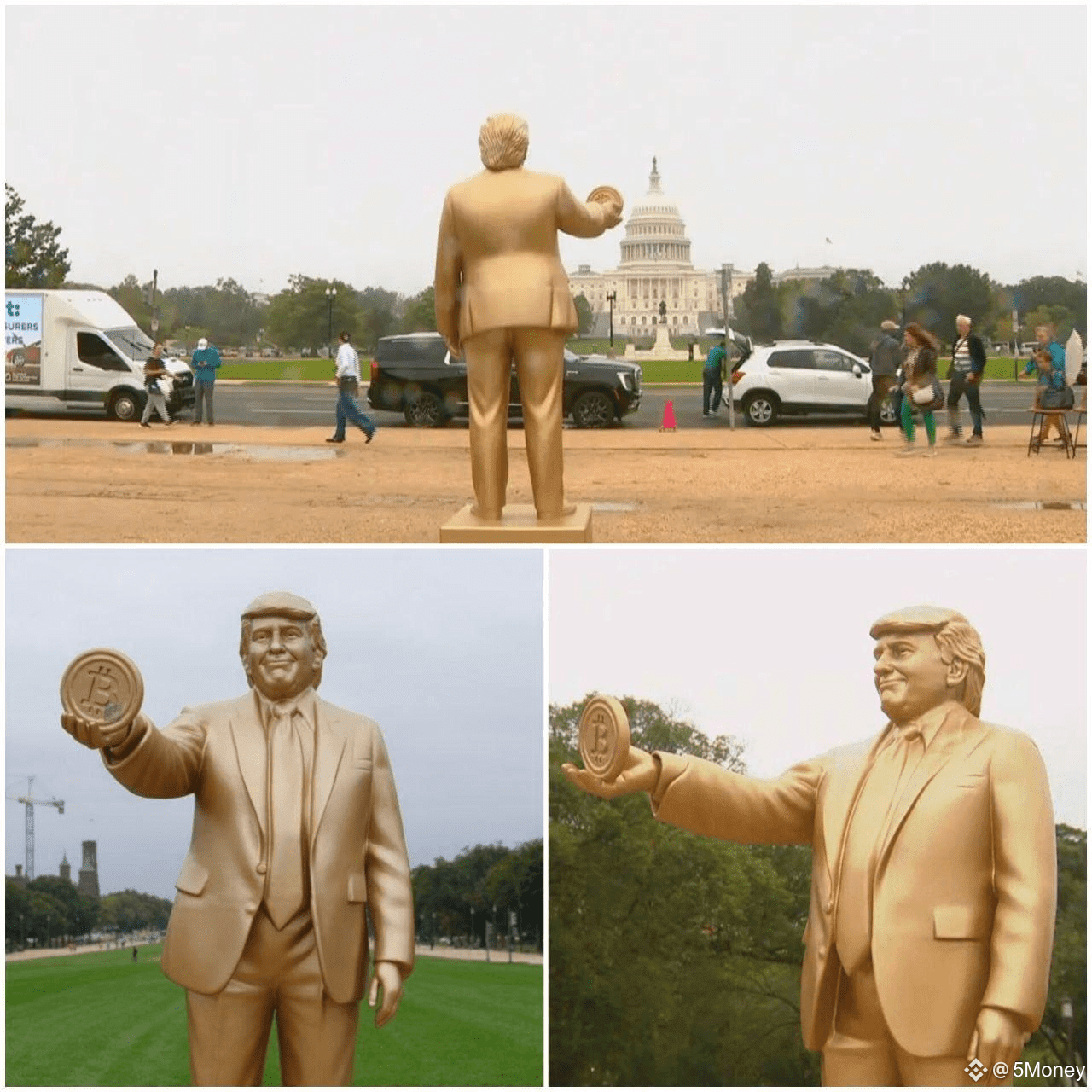 A giant golden statue of Trump holding Bitcoin appears in fr | 5Money on  Binance Square