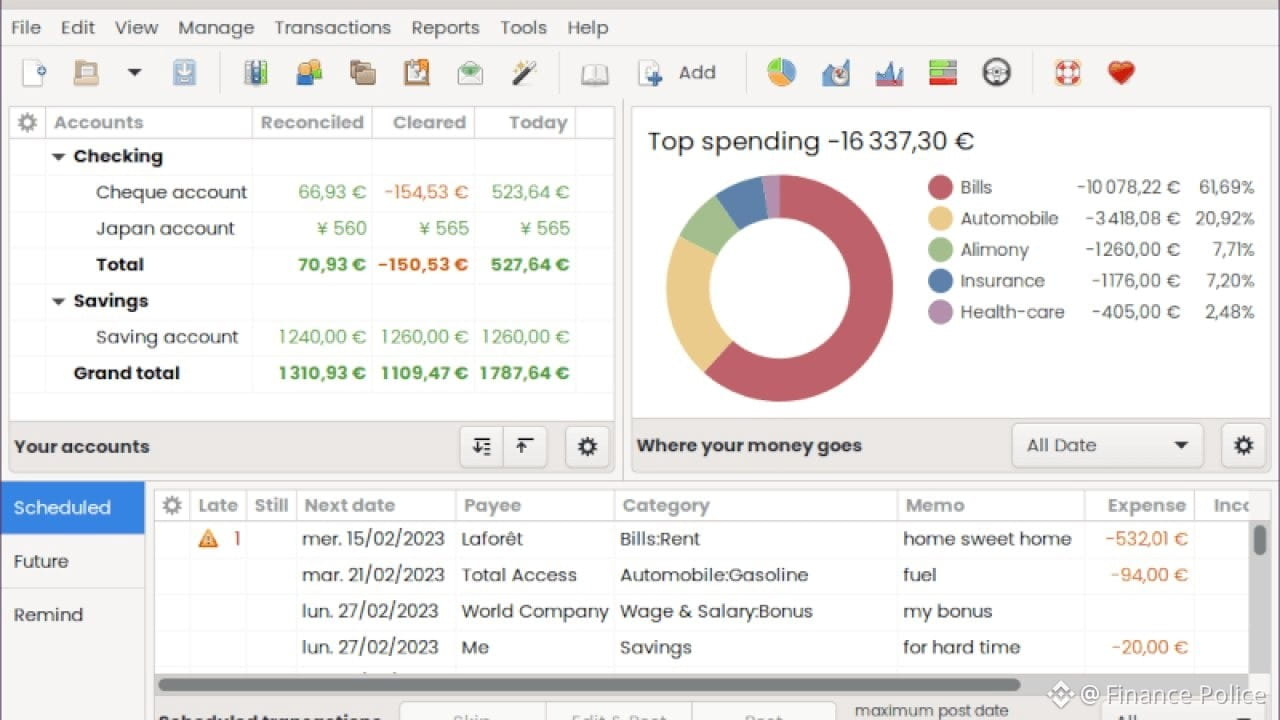 HomeBank desktop app screenshot showing account balances, a spending pie chart, and scheduled transactions.