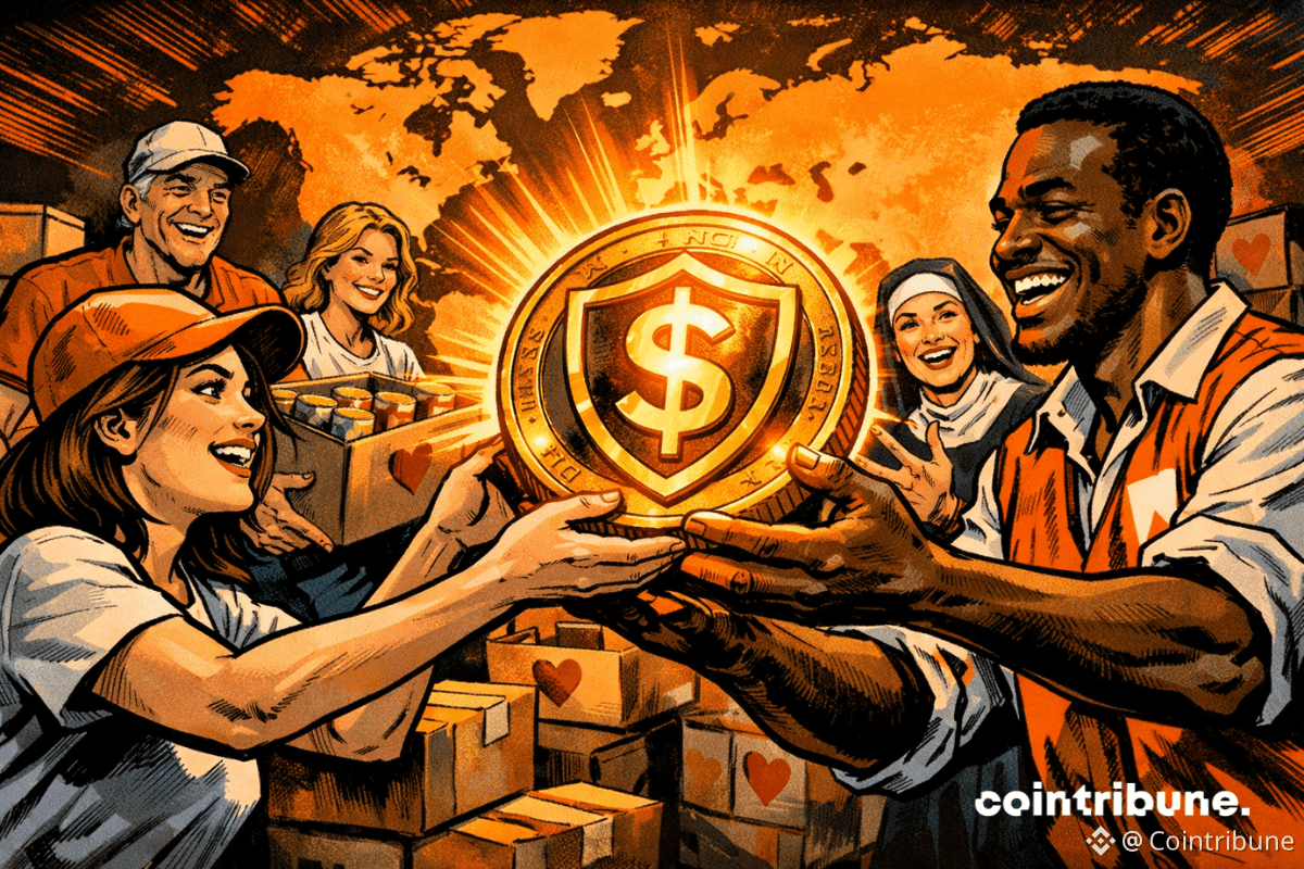 Des bénévoles et travailleurs humanitaires se passent un symbole de stablecoins, illustrant l’essor des dons caritatifs en cryptomonnaies à travers le monde.