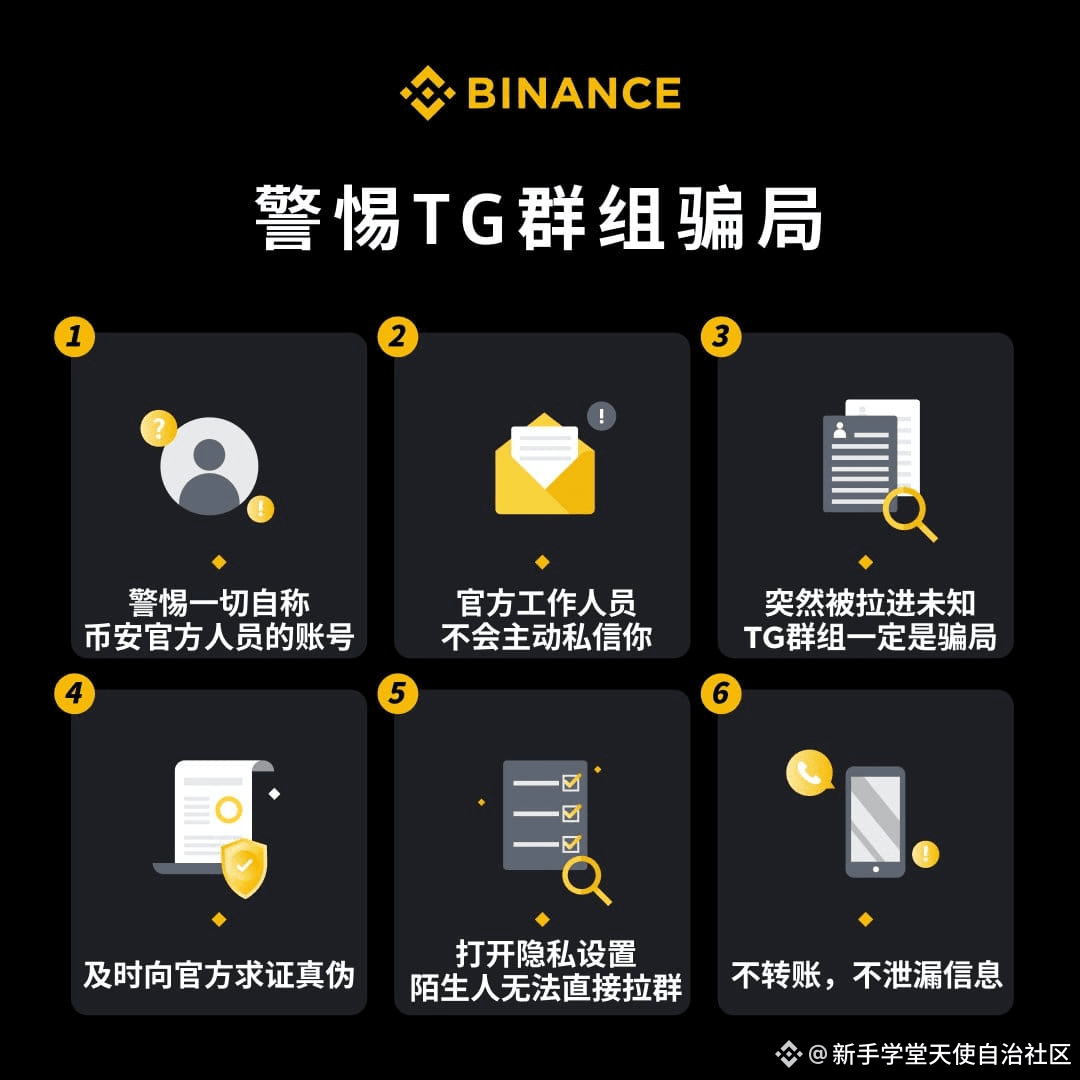 币安安全贴士：警惕TG群组诈骗⚠️近期出现多起“被拉入官方对接群”的诈骗案例： · 突然被拉入一个有假官方人员账号的|