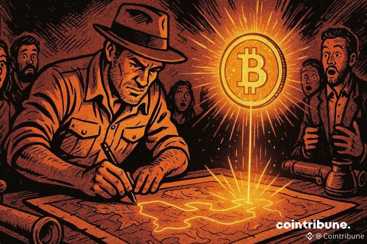 Un explorateur qui trace sur une carte des lignes dorées qui expulsent un bitcoin scintillant.